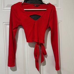 Red Long Sleeve Open Back Cropped Top